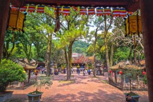 Con Son Pagoda seen from inside the pagoda looking out to the garden area and courtyard