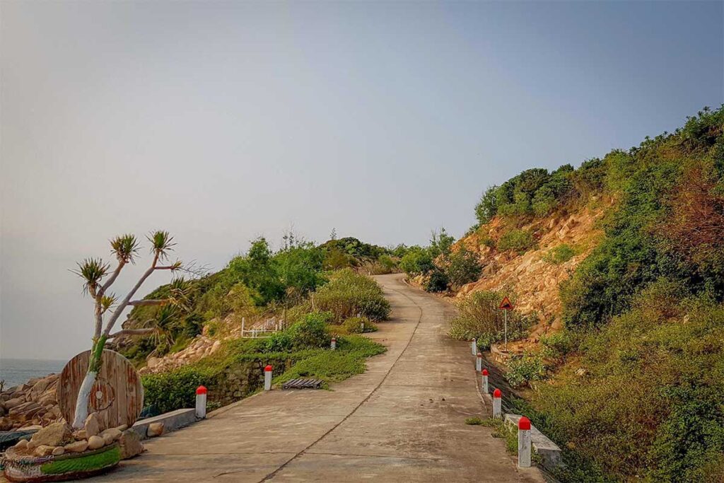 A steep island road leads through the hills of Cu Lao Xanh, popular for motorbike rides with panoramic views.