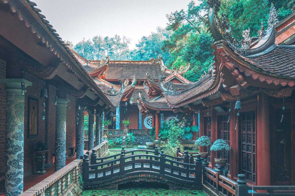 Japanese style temple with small bridges over ponds and beautiful roofs of Dia Tang Phi Lai Pagoda