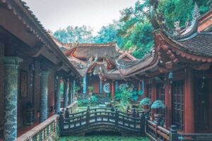Japanese style temple with small bridges over ponds and beautiful roofs of Dia Tang Phi Lai Pagoda