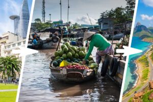 Via the Mekong Delta from Saigon to Con Dao” tour, showing the journey from Ho Chi Minh City to the floating markets of the Mekong Delta and onward by speedboat to the beaches of Con Dao.