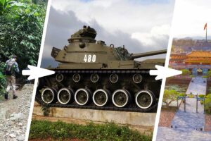 Sightseeing transfer from Phong Nha to Hue with stops for jungle trekking, historic DMZ war sites with military tanks, and the Imperial City of Hue.
