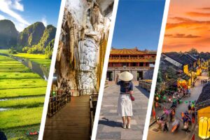 Collage of Ninh Binh rice fields, Phong Nha caves, Hue Imperial City, and Hoi An Ancient Town representing a multi-day tour from Hanoi to Ninh Binh, Phong Nha, Hue and Hoi An.