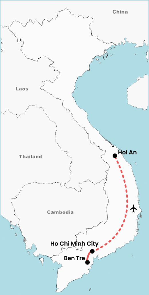 Map of a 1-week South and Central Vietnam tour detailing the itinerary route from Ho Chi Minh City to Ben Tre and onward by flight to Hoi An, with clear travel paths and main destinations marked.