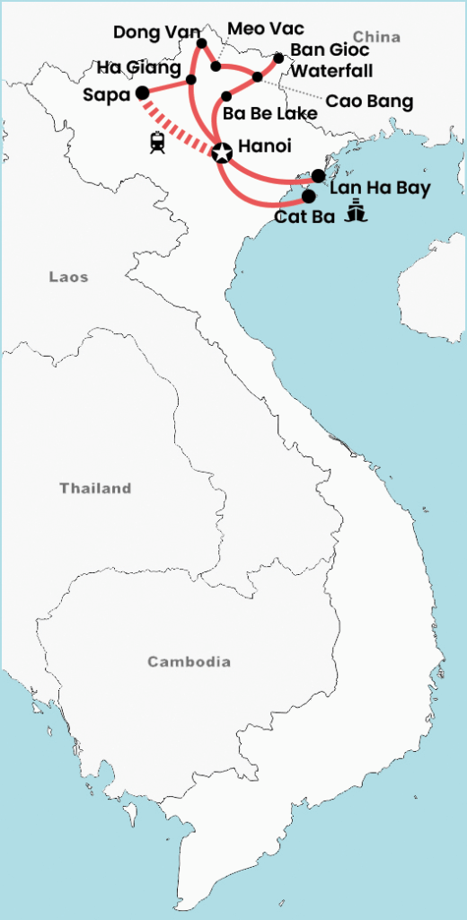 Map of a 2-week North Vietnam tour showing the full itinerary route from Hanoi to Sapa, Ha Giang, Dong Van, Meo Vac, Ban Gioc Waterfall, Ba Be Lake and Cat Ba, highlighting all destinations and travel connections.