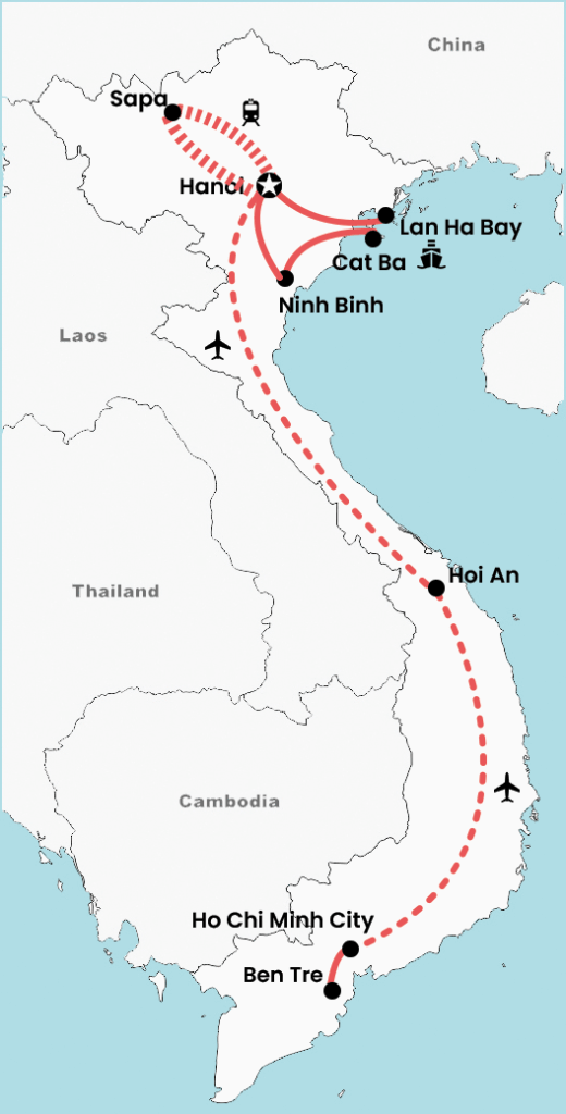 Map of a 2-week Vietnam roundtrip tour showing the complete route from Hanoi to Sapa, Ninh Binh, Lan Ha Bay, Hoi An, Ho Chi Minh City and Ben Tre, with domestic flight connections marked.