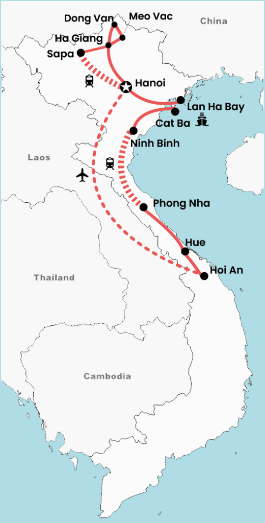 Map of a 3-week North and Central Vietnam tour including Hanoi, Ninh Binh, Cat Ba, Lan Ha Bay, Pu Luong, Sapa, Ha Giang, Dong Van, Meo Vac and Ba Be Lake, with a clear itinerary route across both regions.