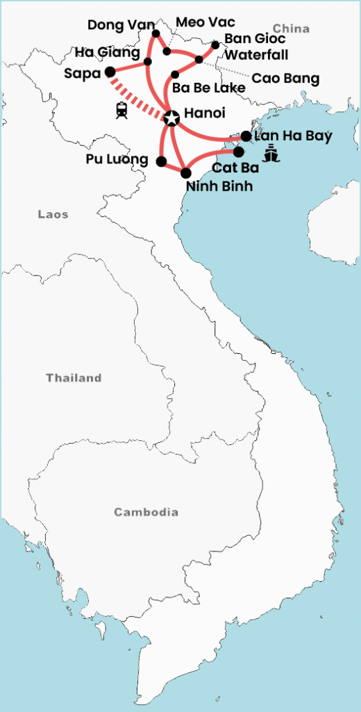 Map of a 3-week North Vietnam tour featuring the itinerary route from Hanoi to Sapa, Ha Giang, Dong Van, Meo Vac, Ban Gioc Waterfall and Ba Be Lake, designed to show the full travel route and key destinations.