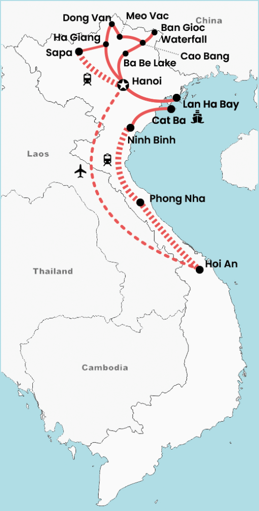Map of a 3-week Vietnam adventure tour including Hanoi, Ninh Binh, Phong Nha, Hoi An and Lan Ha Bay, with a detailed route showing flights, train connections and the complete itinerary across North and Central Vietnam.