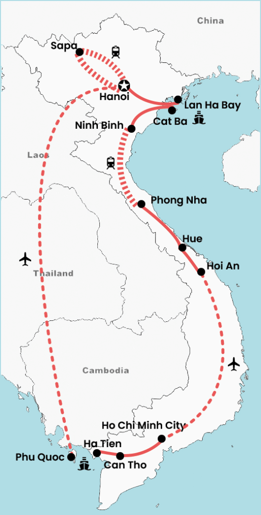 Map of a 3-week Vietnam roundtrip itinerary covering Hanoi, Sapa, Ninh Binh, Lan Ha Bay, Phong Nha, Hue, Hoi An, Ho Chi Minh City, Can Tho, Ha Tien and Phu Quoc, with flights, train routes and boat transfers marked.