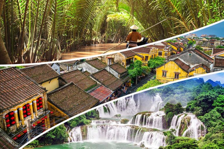 4-week Vietnam package tour showcasing Mekong Delta canals, Hoi An ancient town, and Ban Gioc Waterfall highlights.
