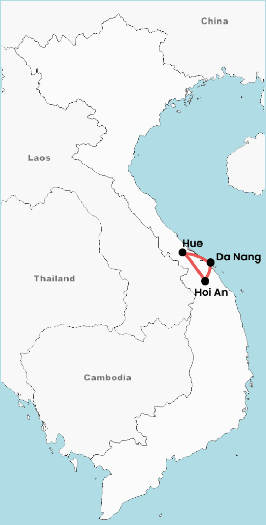 Map of a 7-day Central Vietnam tour showing travel routes between Hue, Da Nang, and Hoi An, with clear markings for road connections along the coastline.