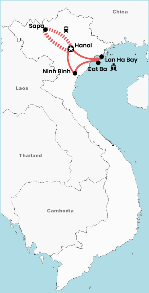 Map of a 7-day North Vietnam tour showing the itinerary from Hanoi to Sapa, Ninh Binh and Lan Ha Bay, with routes marked by train, boat and road connections.