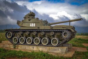 A US Army tank used during the Vietnam War is displayed at Khe Sanh Combat Base part of the Vietnam DMZ