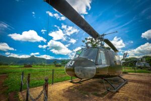 An American Army helicopter at Ta Con Airport at Khe Sanh Combat Base in the DMZ of Vietnam