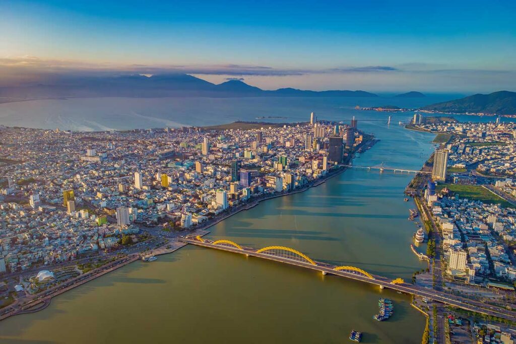 Aerial view of Da Nang city and Dragon Bridge – an easy urban day trip from Hoi An