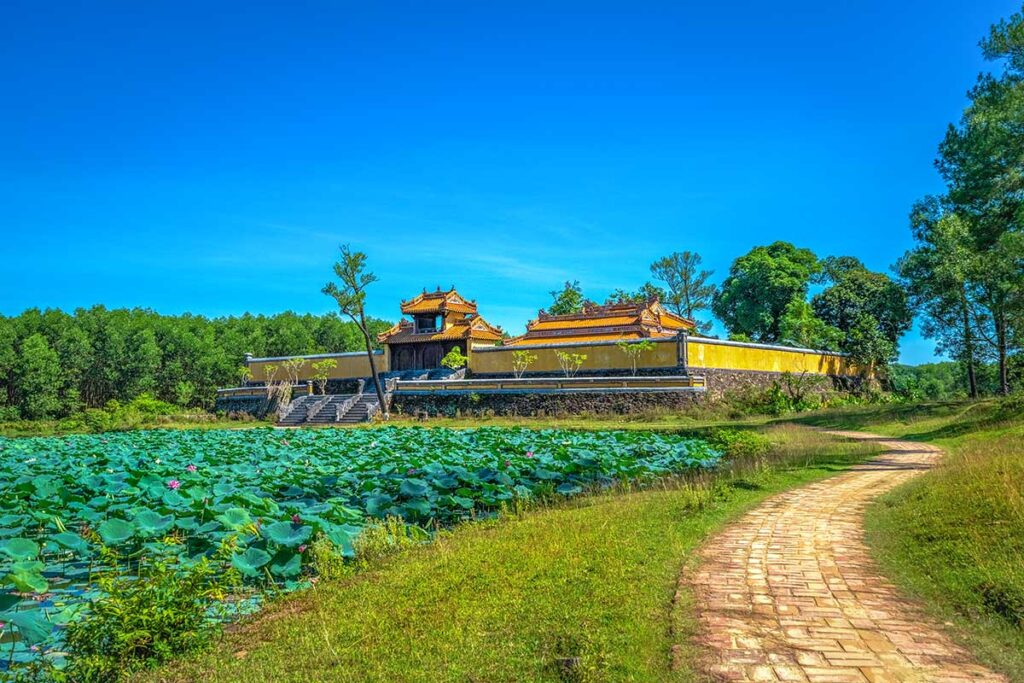 Lotus pond and structure of the small temple complex within the area of Gia Long tomb