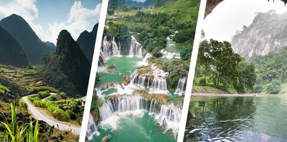Scenic loop through Ha Giang’s karst mountains, Ban Gioc Waterfall, and Ba Be Lake shown together for a Ha Giang–Cao Bang–Ba Be tour in northern Vietnam.