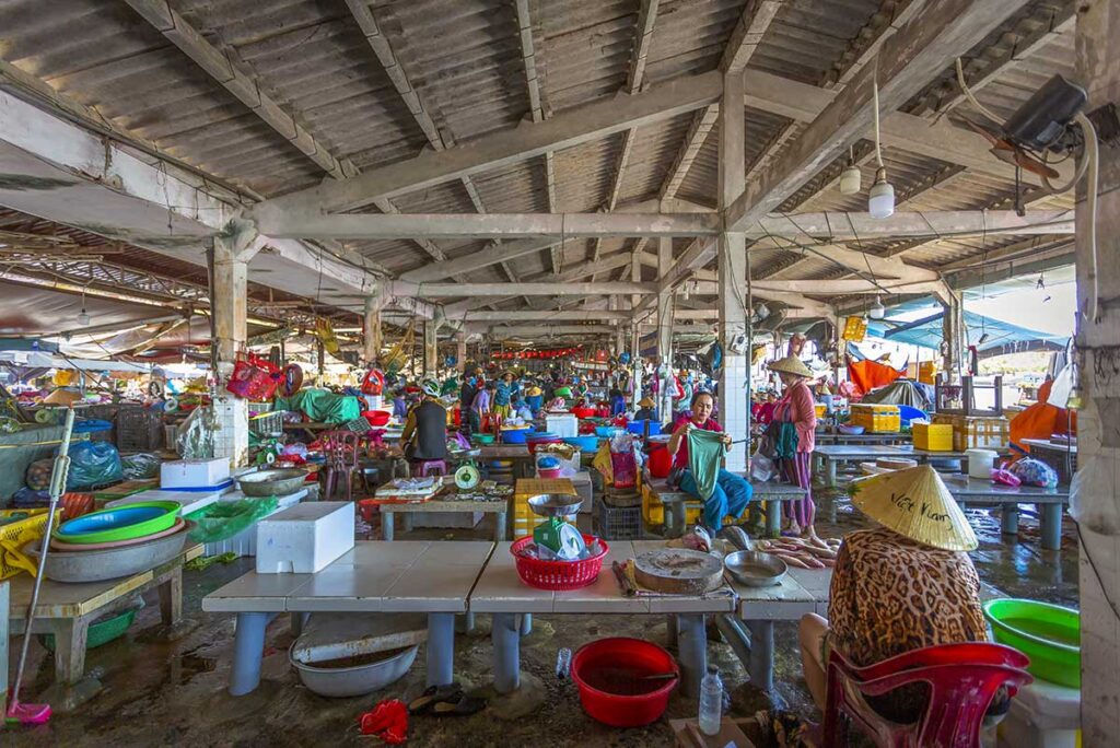 Fish market section at Hoi An Central Market – Local vendors selling seafood and produce under the covered section of Hoi An Market, showcasing daily life.