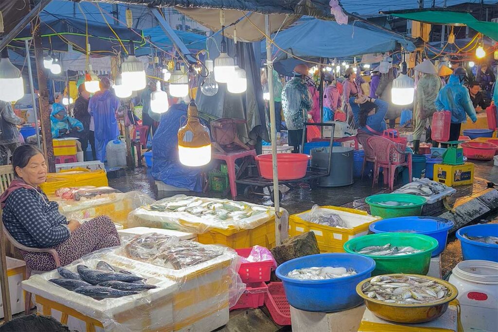 Night fish market (Thanh Ha) in Hoi An – Bright lamps illuminate fresh catches of the day, with vendors displaying fish and seafood in colorful tubs and baskets.