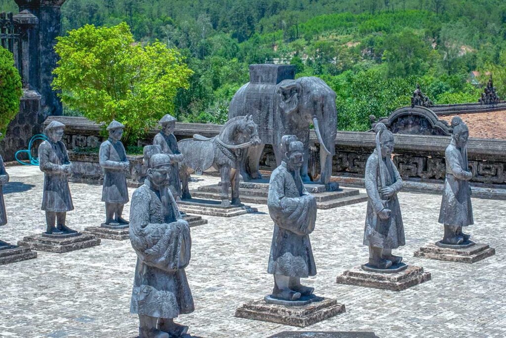 Honor courtyard (Bai Dinh Yard) with stone statues of mandarins and animals in  the complex of the tomb of Khai Dinh