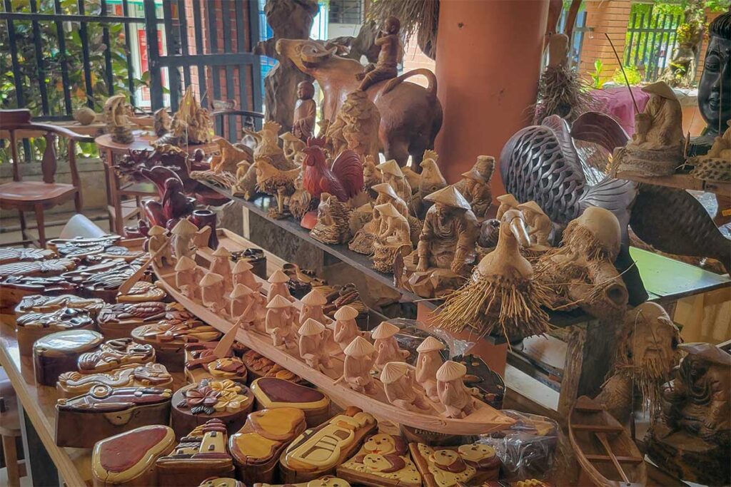 Handcrafted wooden figurines and souvenirs at Kim Bong Carpentry Village, Hoi An.