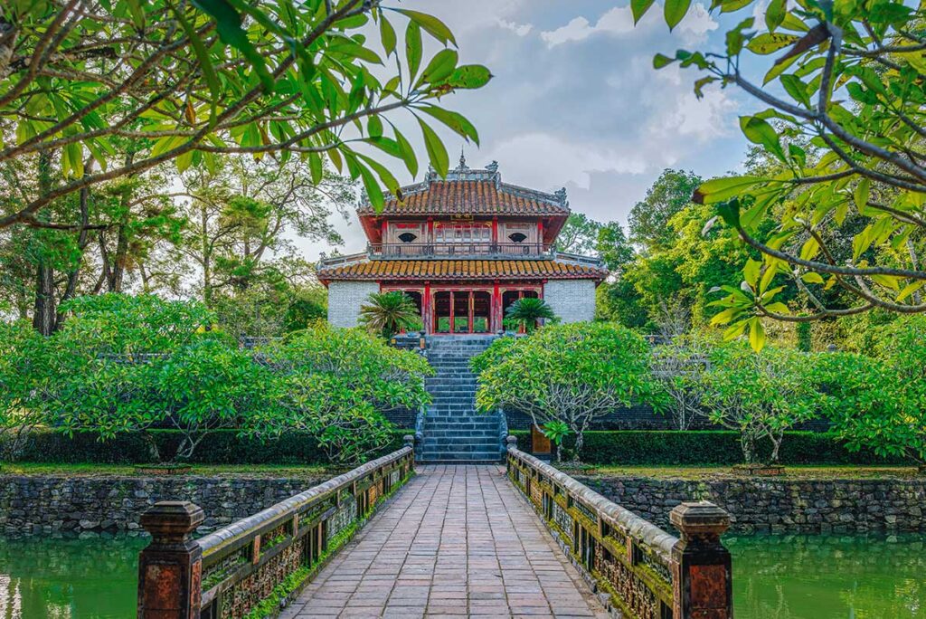 Minh Lau Pavilion connected by bridge at Minh Mang Tomb