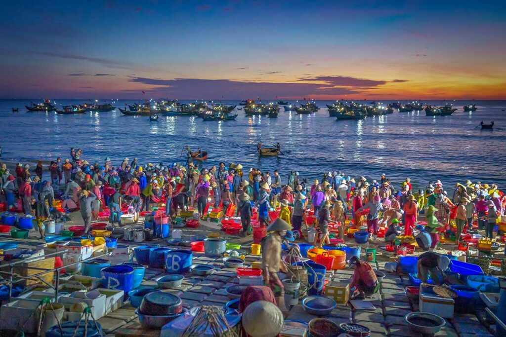 Aerial perspective of Tam Tien fishermen returning with boats full of seafood as crowds gather along the shoreline market.