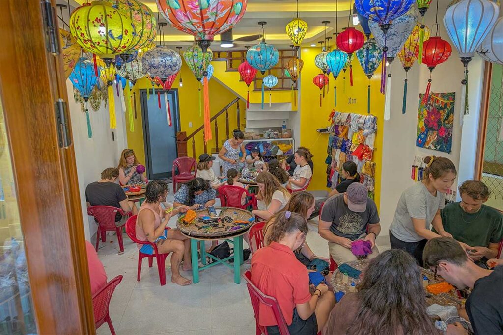 Lantern making workshop at The Lantern Lady in Hoi An, teaching travelers step by step.