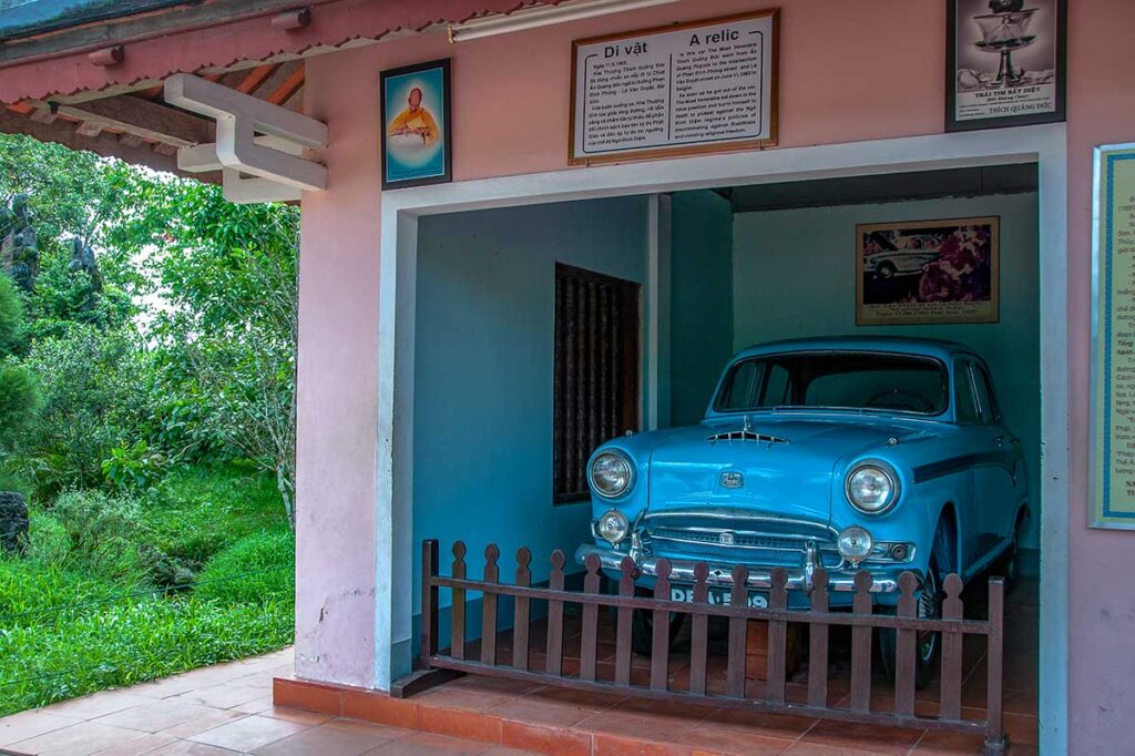 The blue car of Thich Quang Duc’s parked in a garage as display at Thien Mu Pagoda
