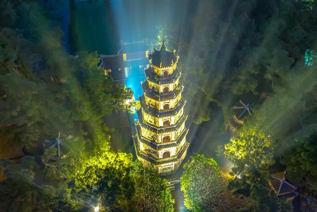 Thien Mu Pagoda from a drone view at night with beautiful lights 