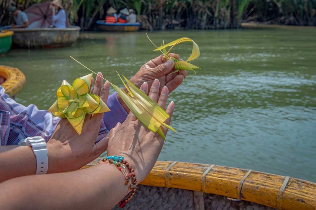 Coconut leaf souvenirs handmade during a basket boat tour in Cam Thanh Coconut Village.