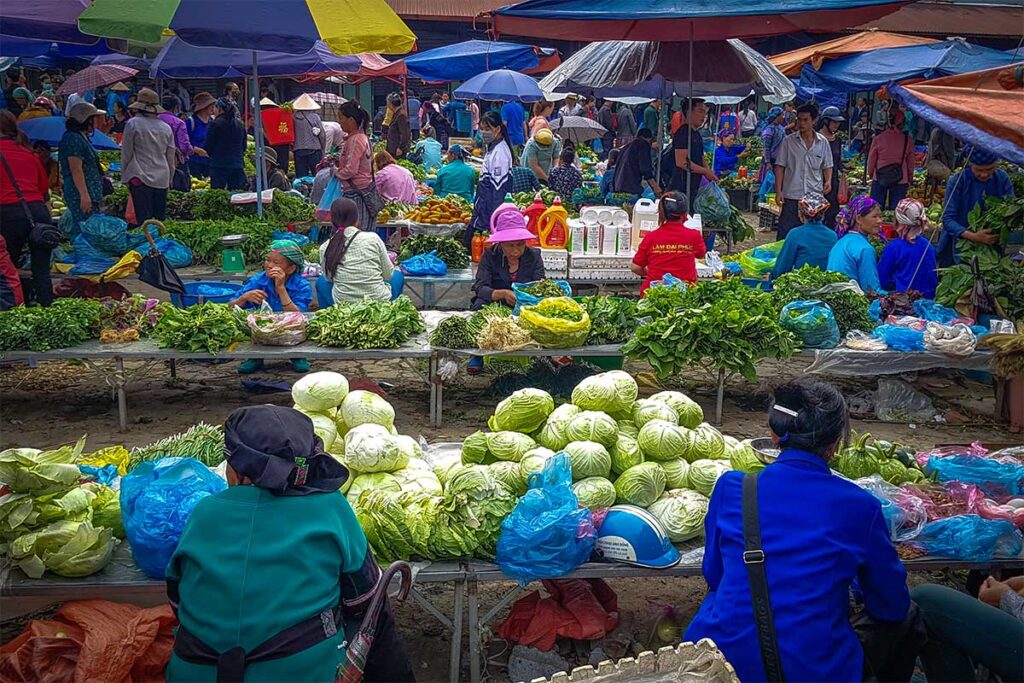 Many fresh produce and vegetables being sold at different stalls on the Muong Khuong Market