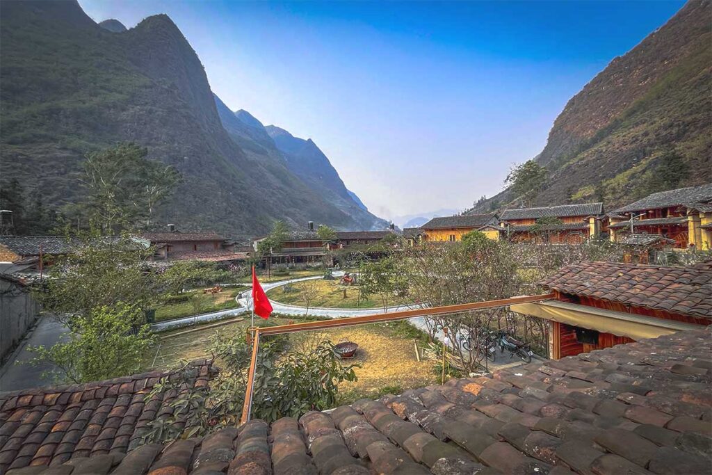 View from a homestay roof to the courtyard of Pa Vi Village