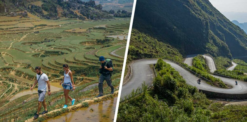 Travelers trekking through terraced fields in Sapa combined with winding mountain roads of the Ha Giang Loop on a Sapa–Ha Giang combo tour.
