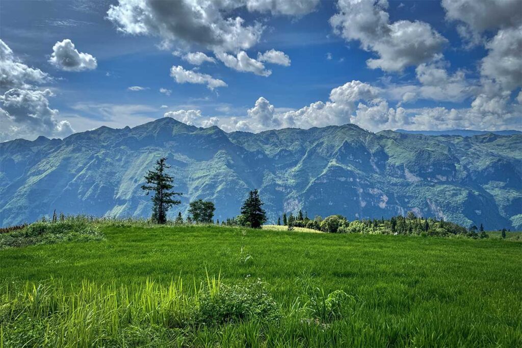 Grass fields with mountains in the background of Suoi Thau Plateau