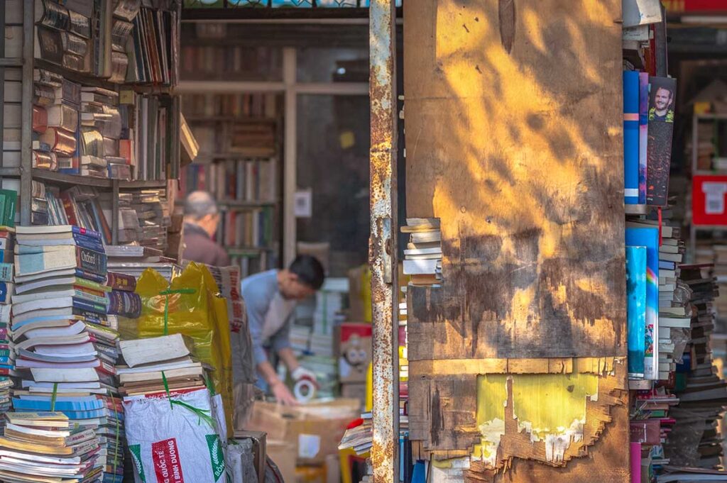 Piles of books at Dinh Le Book Street