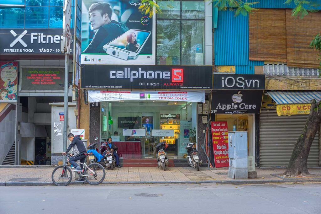 Very local electronic stores next to each other for shopping in Hanoi