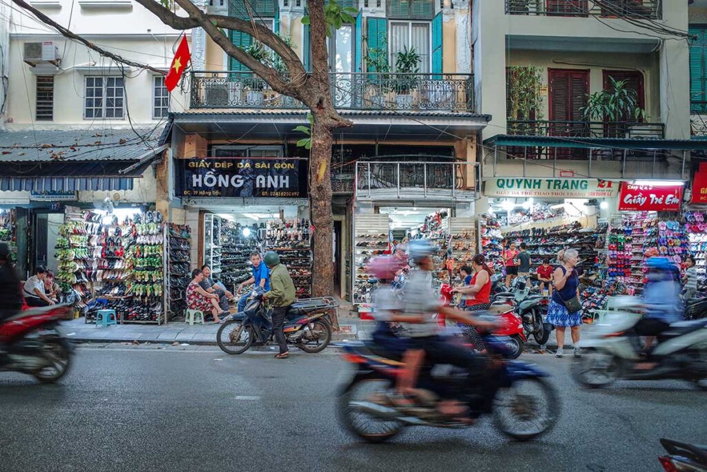 Hang Dau Street in Hanoi Old Quarter with several shoe shops right next to each other