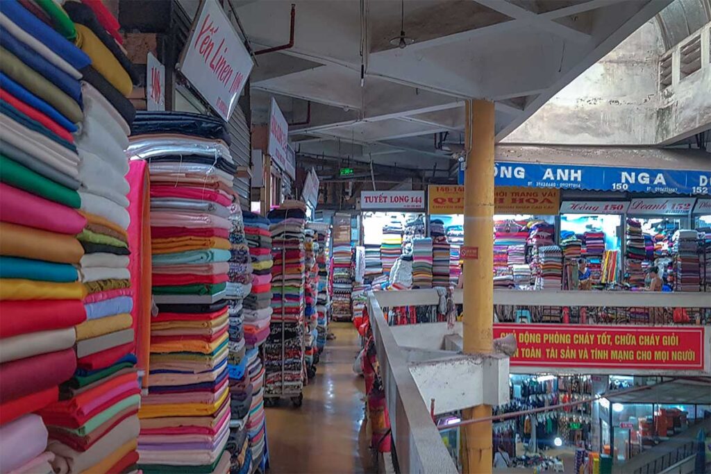 The upper floor full of silk at the Hom Market