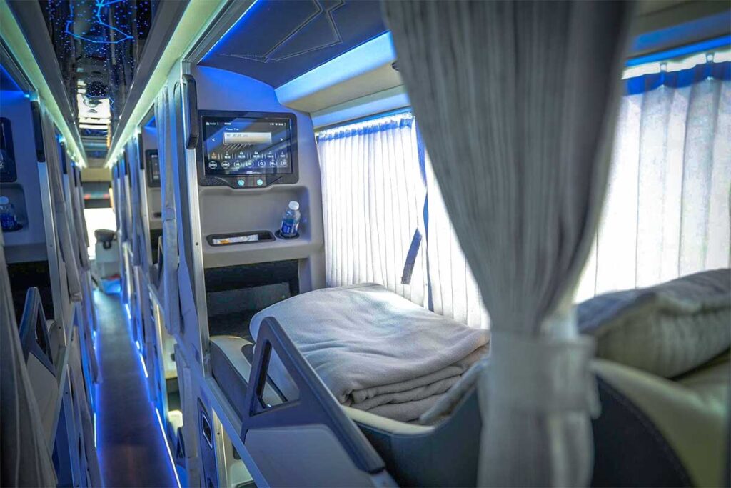 The interior of a limousine sleeper bus from Hanoi to Dien Bien Phu