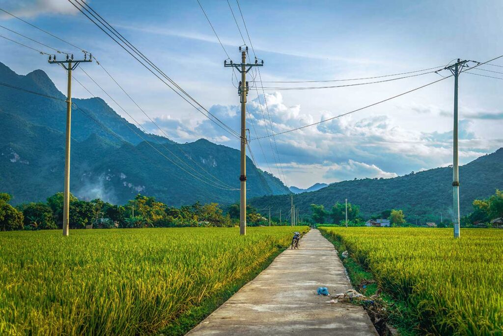A quiet small countryside road through rice fields using for trekking in Mai Chau