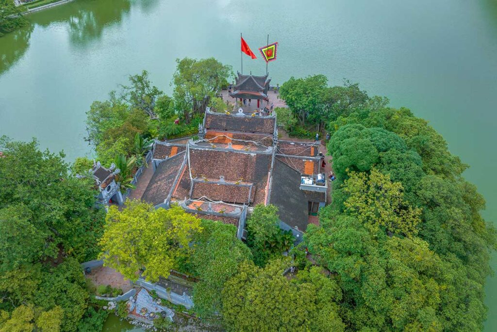 Aerial view of Jade Island in Hoan Kiem Lake with the roofs of Ngoc Son Temple