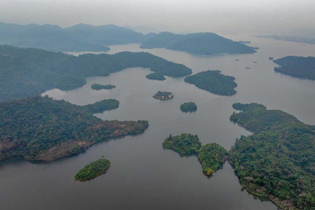 Aerial view of Nui Coc Lake at Thai Nguyen 