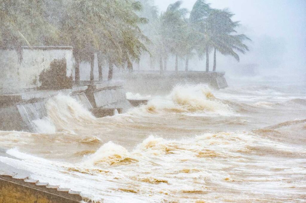 Huge waves on a beach in Central Vietnam during a heavy storm