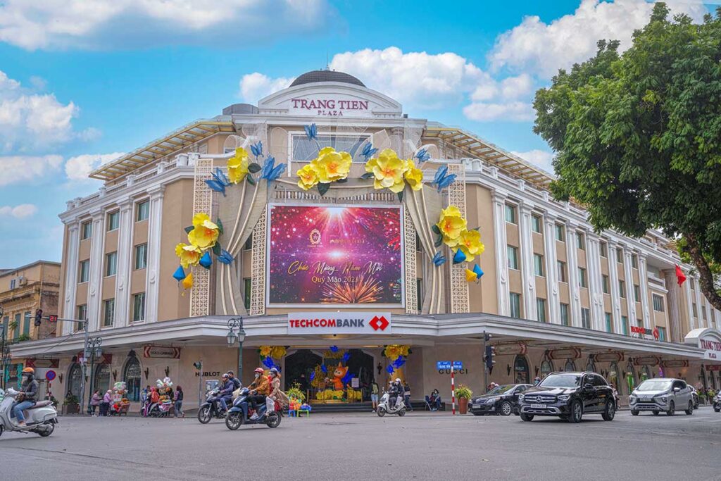 Trang Tien Plaza in a colonial street of Hanoi's French Quarter