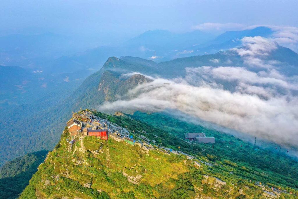 Aerial view of the peak of Yen Tu Mountain, with the main Dong Temple part of Yen Tu Pagoda complex