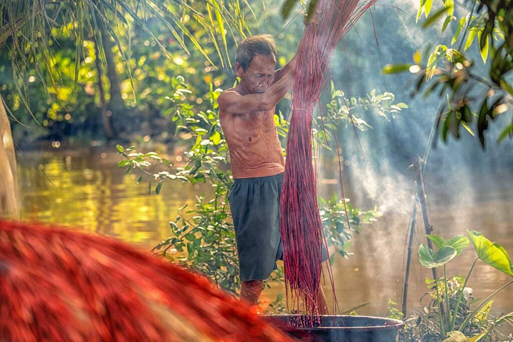 Traditional mat maker dyeing sedge red by hand beside a canal in Dinh Yen Mat Weaving Village, Mekong Delta