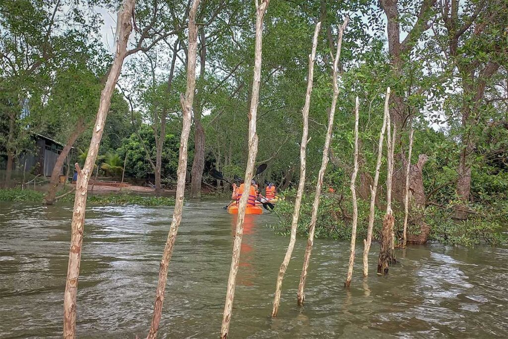 Kayaking in Mekong Delta canals – travelers paddling through flooded forest waterways near Cai Be.