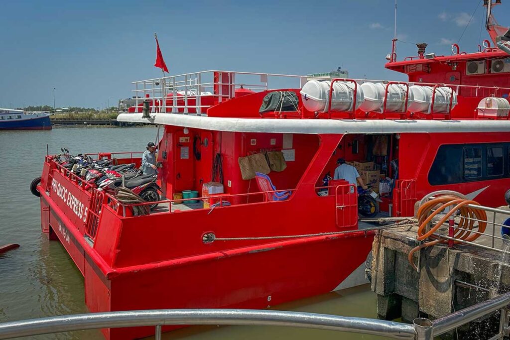 The red speed ferry in Rach Gia port that heads to Phu Quoc